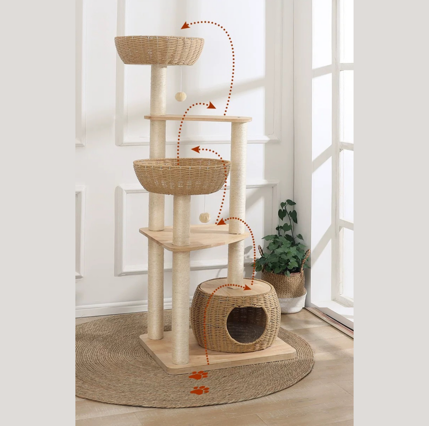 Oak Cat Tower – 6 Levels with Woven Rattan Beds (90855) - {{product.type}} - PawPawUp