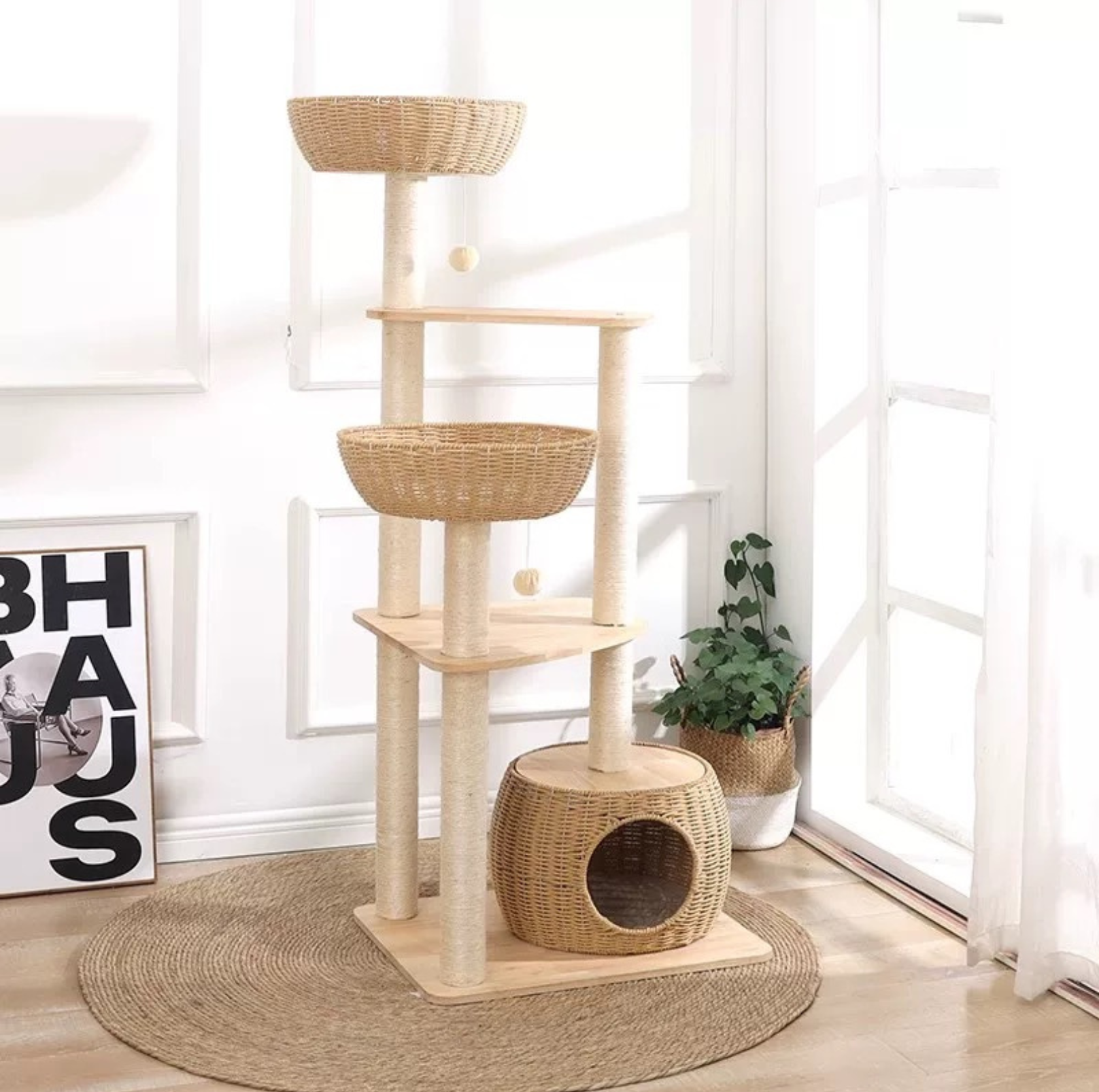 Oak Cat Tower – 6 Levels with Woven Rattan Beds (90855) - {{product.type}} - PawPawUp