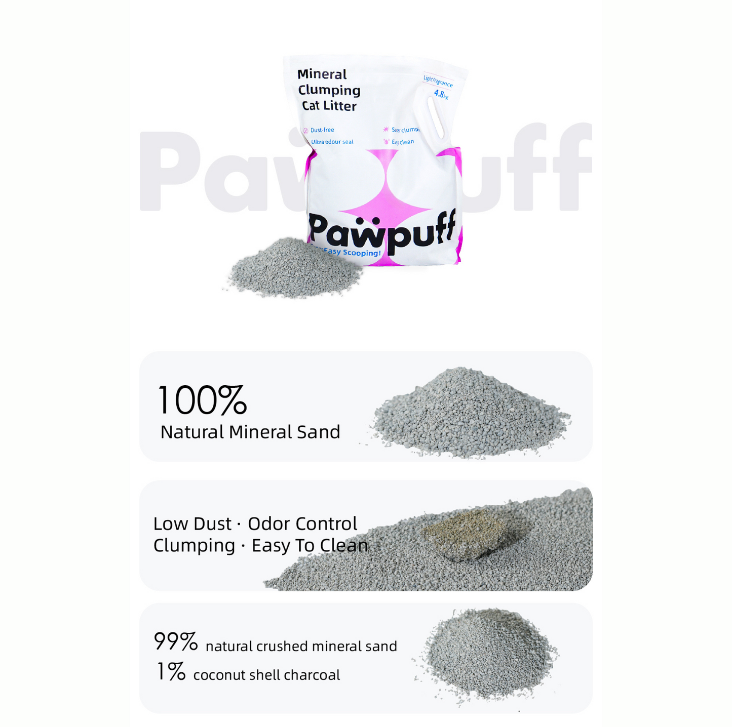 PawPuff Clumping Mineral Cat Litter, 4.8kg – Standard Version - {{product.type}} - PawPawUp