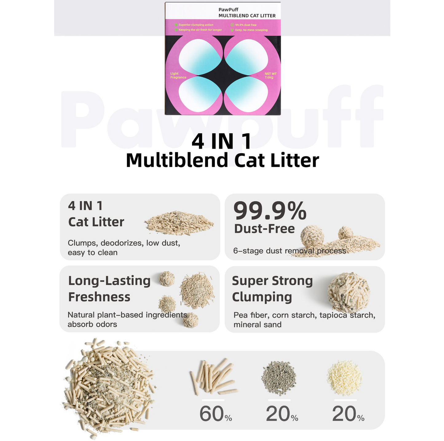 Pet Show PawPuff Tapioca Multiblend Cat Litter - Tofu, Tapioca, Corn & Mineral, 7.6kg - {{product.type}} - PawPawUp