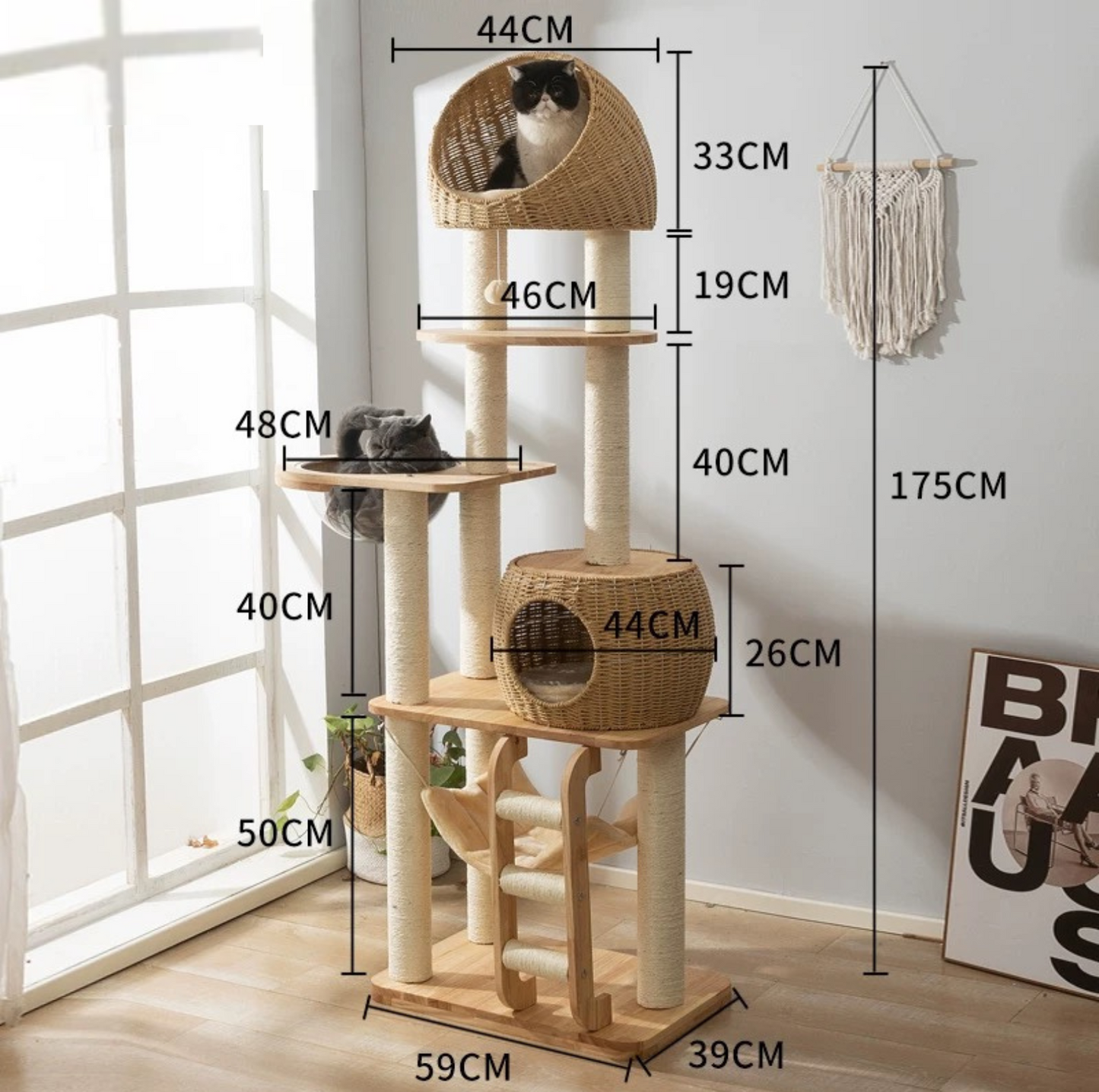 Premium Solid Oak Wood Cat Tree with Woven Rattan Beds(81005S)-Height 175cm - {{product.type}} - PawPawUp