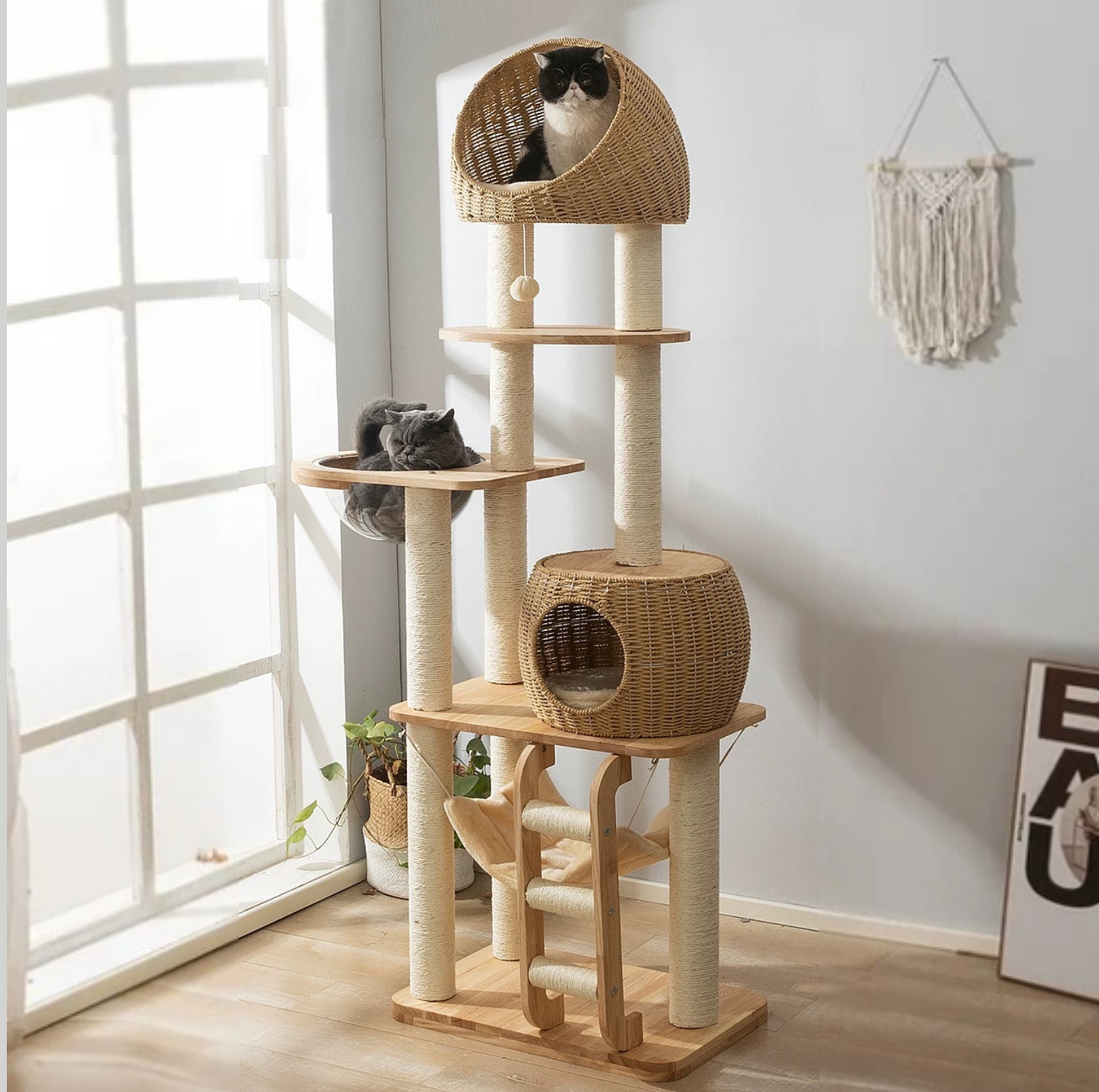 Premium Solid Oak Wood Cat Tree with Woven Rattan Beds(81005S)-Height 175cm - {{product.type}} - PawPawUp
