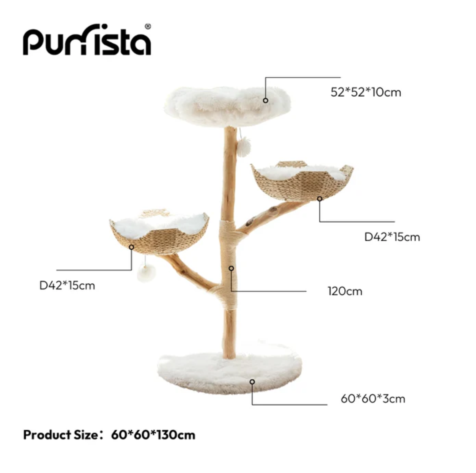 Purrista Natural Wood Basket 130cm Cat Tree (Three-Layer) - {{product.type}} - PawPawUp