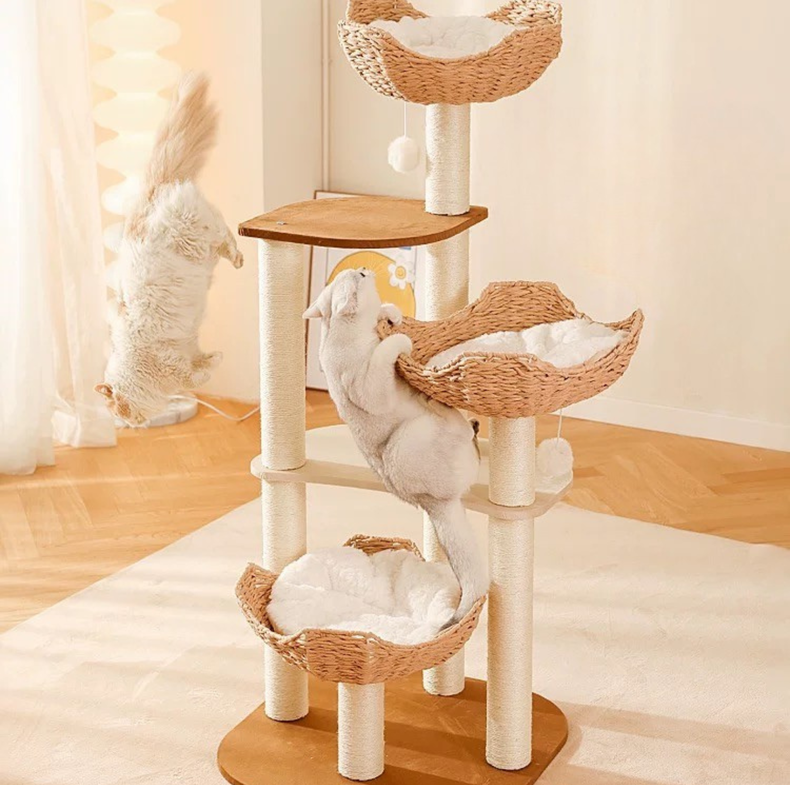 Woven Rattan Multi-Level Cat Tree (K903) – 6 Tiers with Full Sisal Posts & Multi-Beds - {{product.type}} - PawPawUp