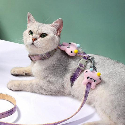 Adjustable H-Strap Harness with Cartoon Plush Decor for Cats