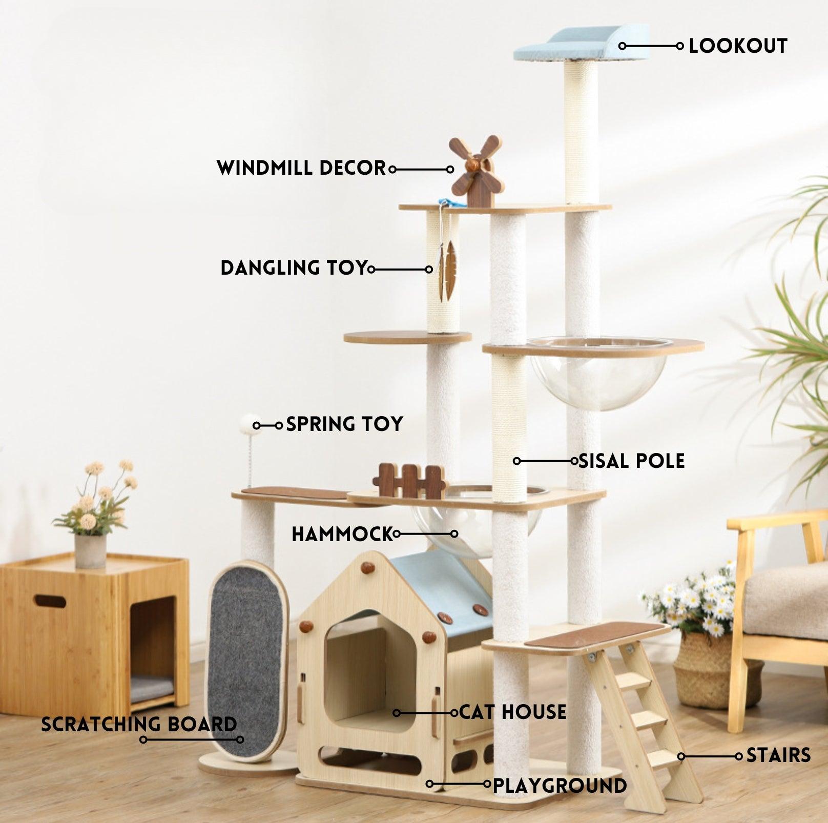 Adorable & Attractive Modern Wooden Large Cat Tree with Windmill Design - {{product.type}} - PawPawUp