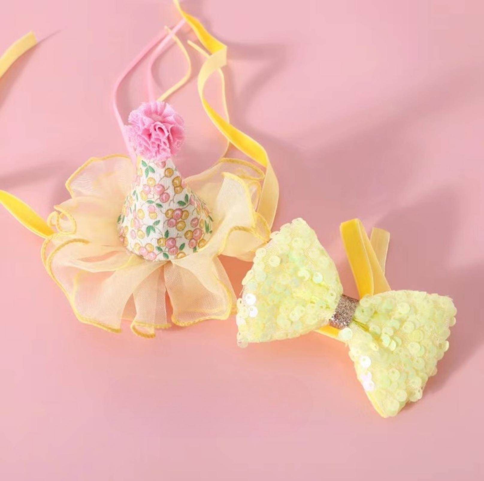 Floral Mesh Lace Accessory Set: Pet Birthday Hat & Bow Tie Combo - {{product.type}} - PawPawUp
