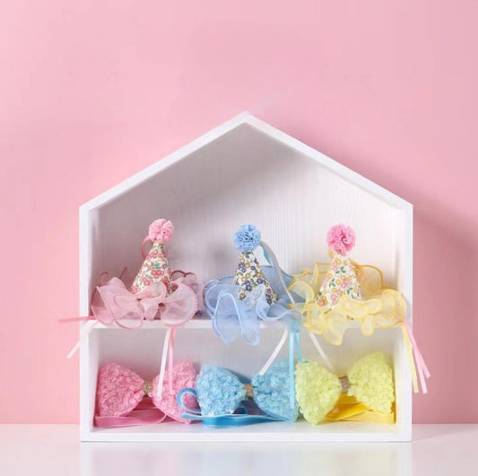 Floral Mesh Lace Accessory Set: Pet Birthday Hat & Bow Tie Combo - {{product.type}} - PawPawUp