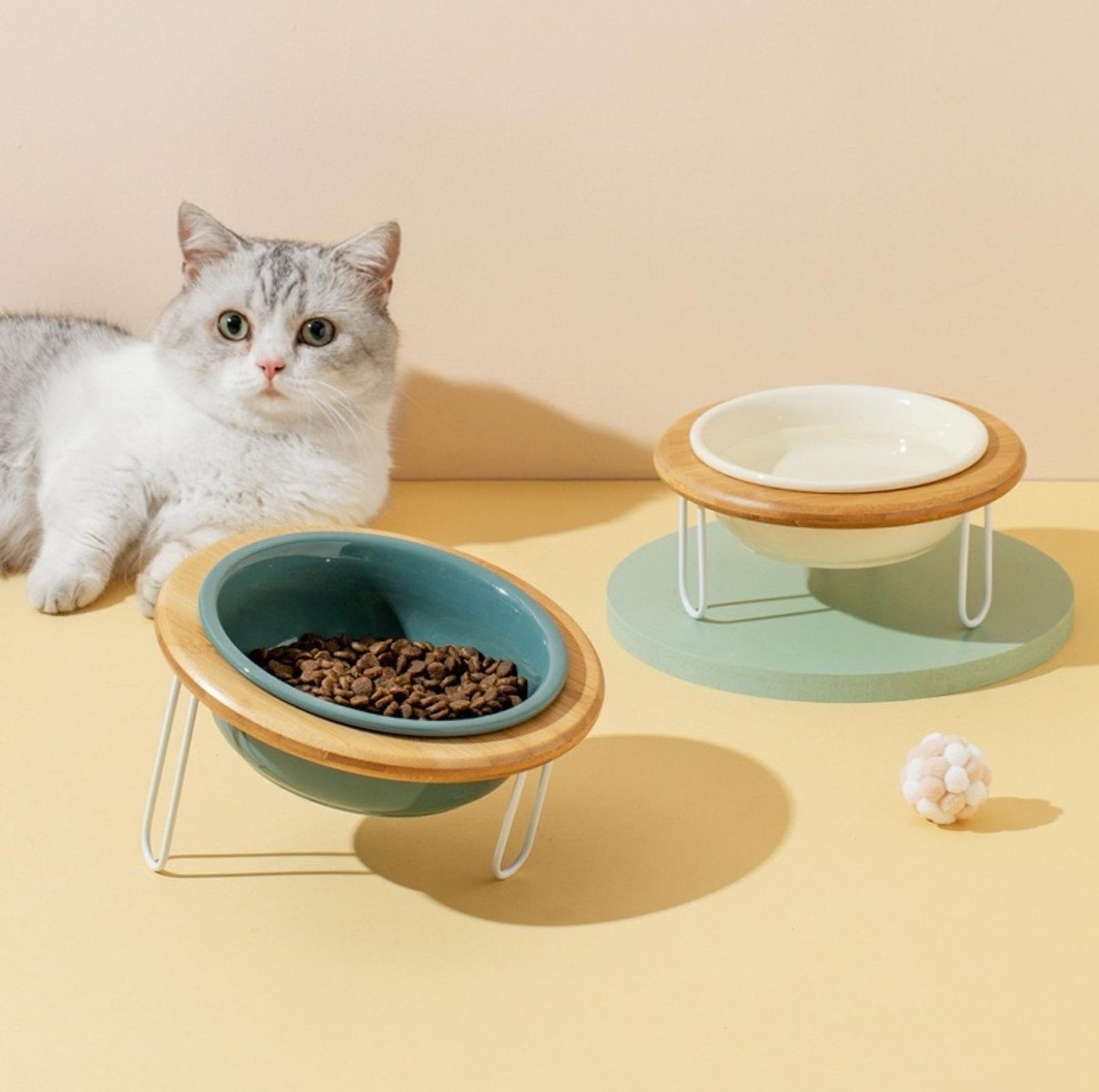 Height-Adjustable Ceramic Cat Bowls Small Dog Bowls with Bamboo Round Frame - {{product.type}} - PawPawUp