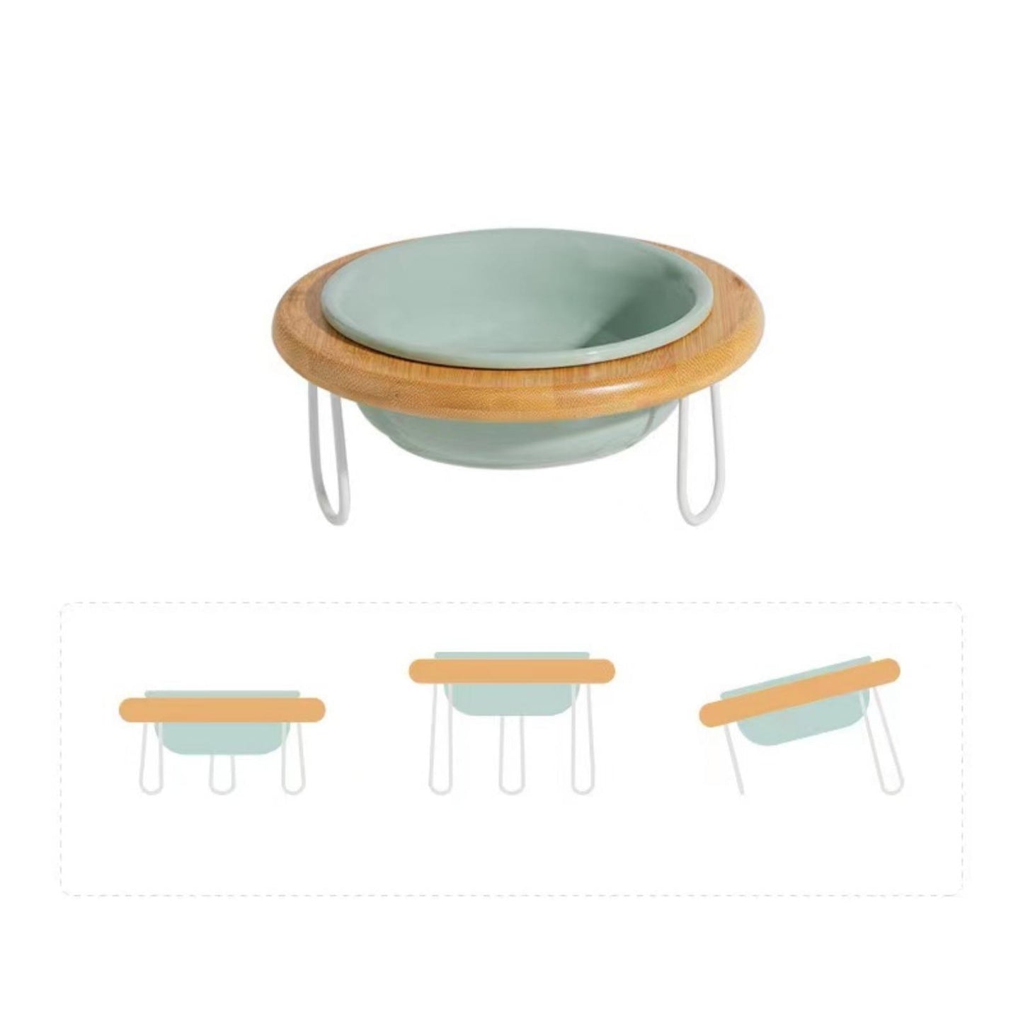 Height-Adjustable Ceramic Cat Bowls Small Dog Bowls with Bamboo Round Frame - {{product.type}} - PawPawUp