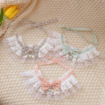 Lace-Decorated Plaid Bowtie Pet Bib with Bell - {{product.type}} - PawPawUp