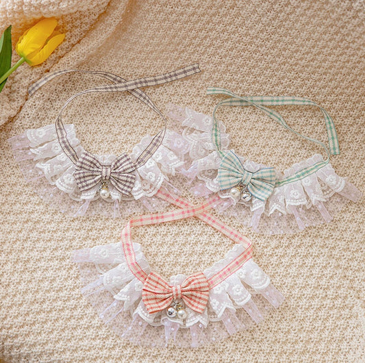Lace-Decorated Plaid Bowtie Pet Bib with Bell - {{product.type}} - PawPawUp