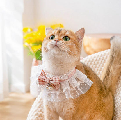 Lace-Decorated Plaid Bowtie Pet Bib with Bell - {{product.type}} - PawPawUp