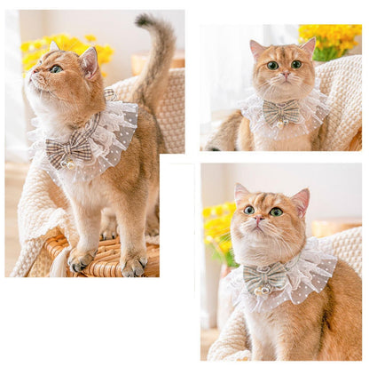 Lace-Decorated Plaid Bowtie Pet Bib with Bell - {{product.type}} - PawPawUp