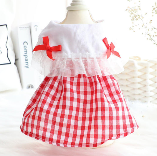 Pet Red Checkerd Dress With Small Bows - {{product.type}} - PawPawUp