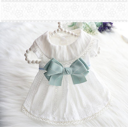 Pet White Dress with Mink Blue Bow - {{product.type}} - PawPawUp