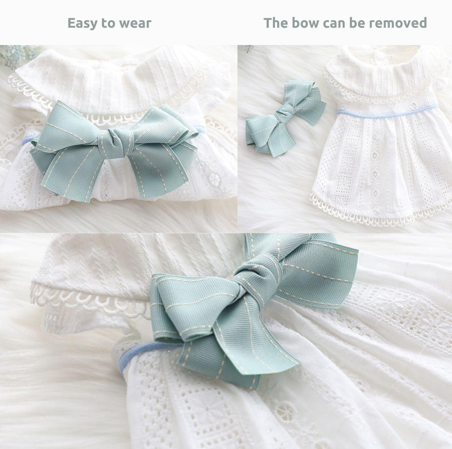 Pet White Dress with Mink Blue Bow - {{product.type}} - PawPawUp