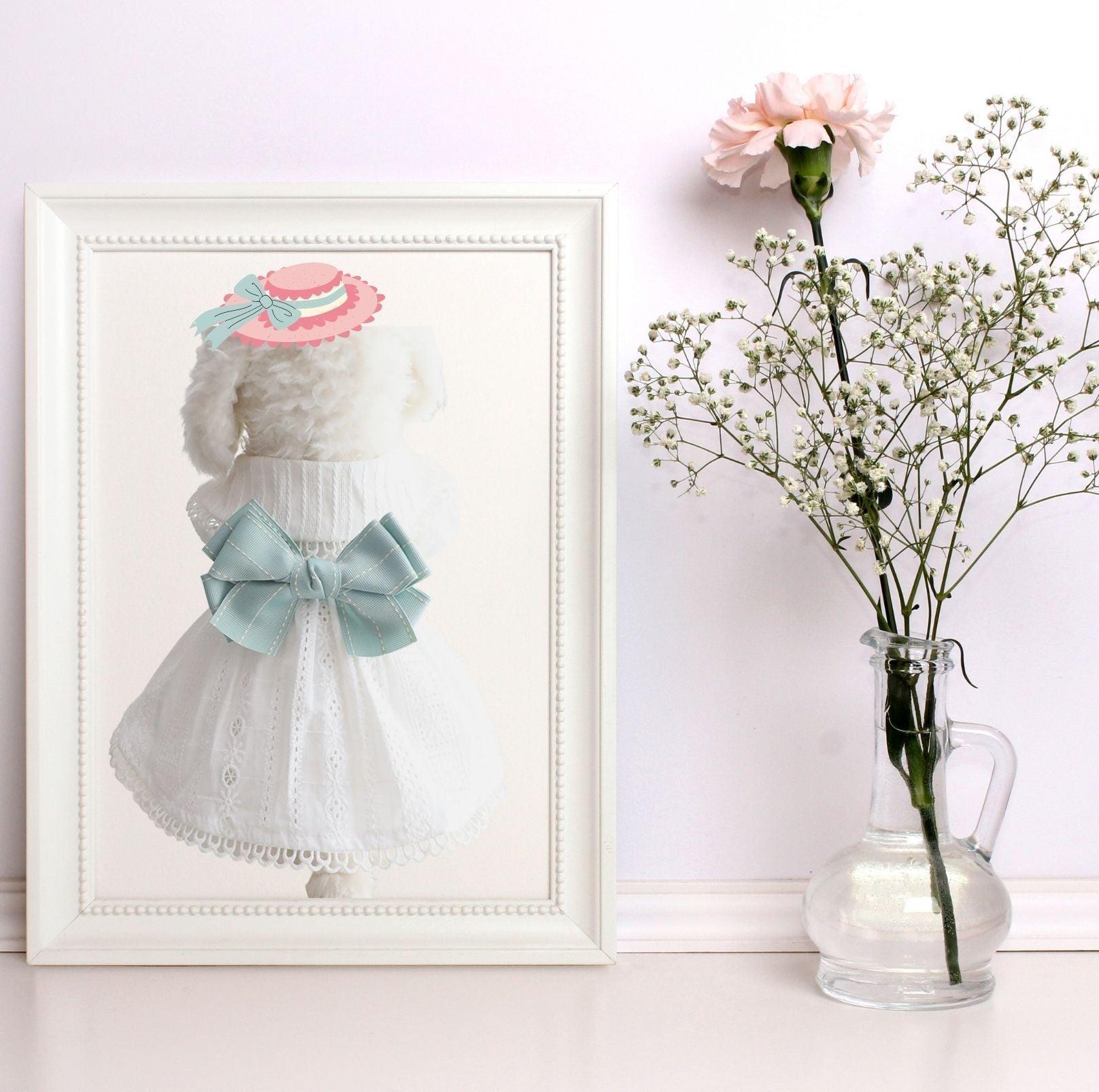 Pet White Dress with Mink Blue Bow - {{product.type}} - PawPawUp