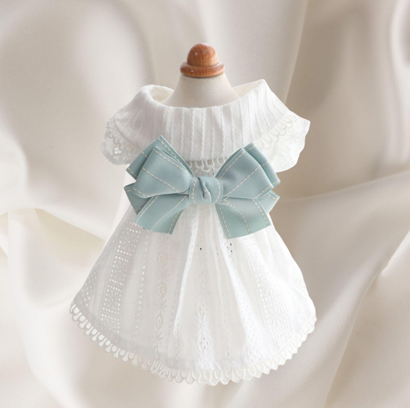 Pet White Dress with Mink Blue Bow - {{product.type}} - PawPawUp