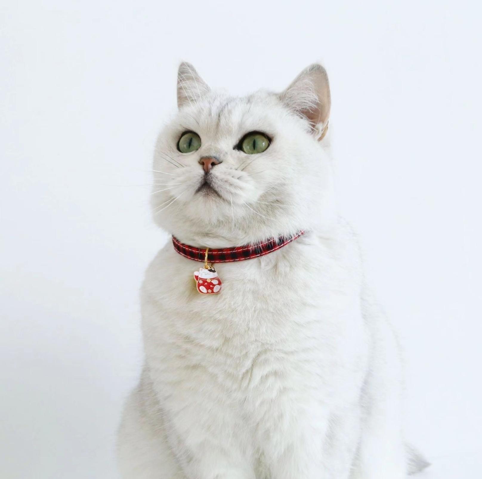 PU Plaid Fortune Cat Pendant Adjustable Pet Collar - {{product.type}} - PawPawUp