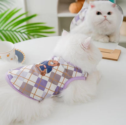 Purple Checkered Bear Print Summer Cat Vest Pet Apparel - {{product.type}} - PawPawUp