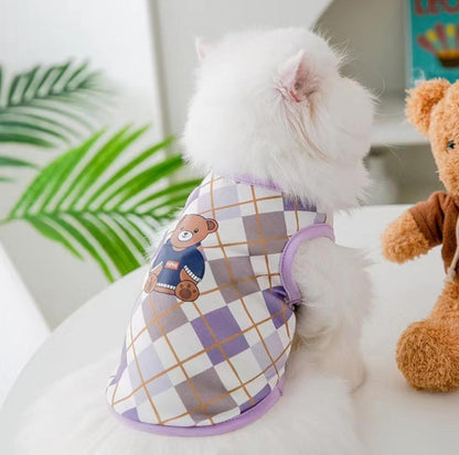 Purple Checkered Bear Print Summer Cat Vest Pet Apparel - {{product.type}} - PawPawUp