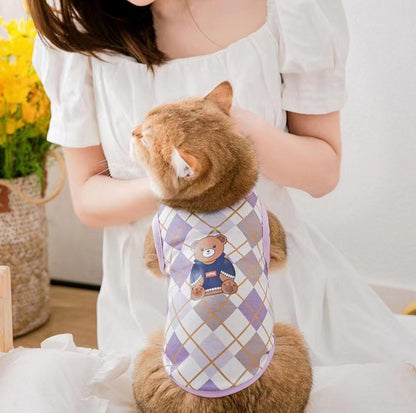 Purple Checkered Bear Print Summer Cat Vest Pet Apparel - {{product.type}} - PawPawUp