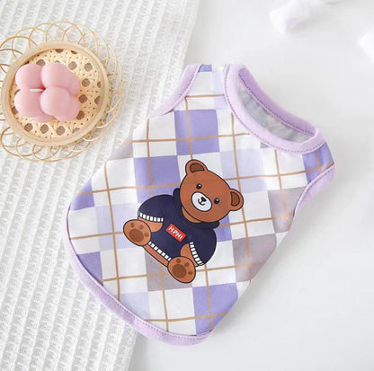 Purple Checkered Bear Print Summer Cat Vest Pet Apparel - {{product.type}} - PawPawUp