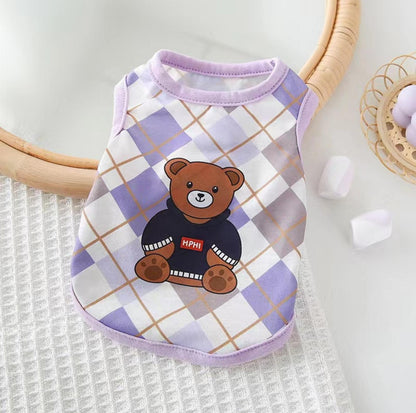 Purple Checkered Bear Print Summer Cat Vest Pet Apparel - {{product.type}} - PawPawUp