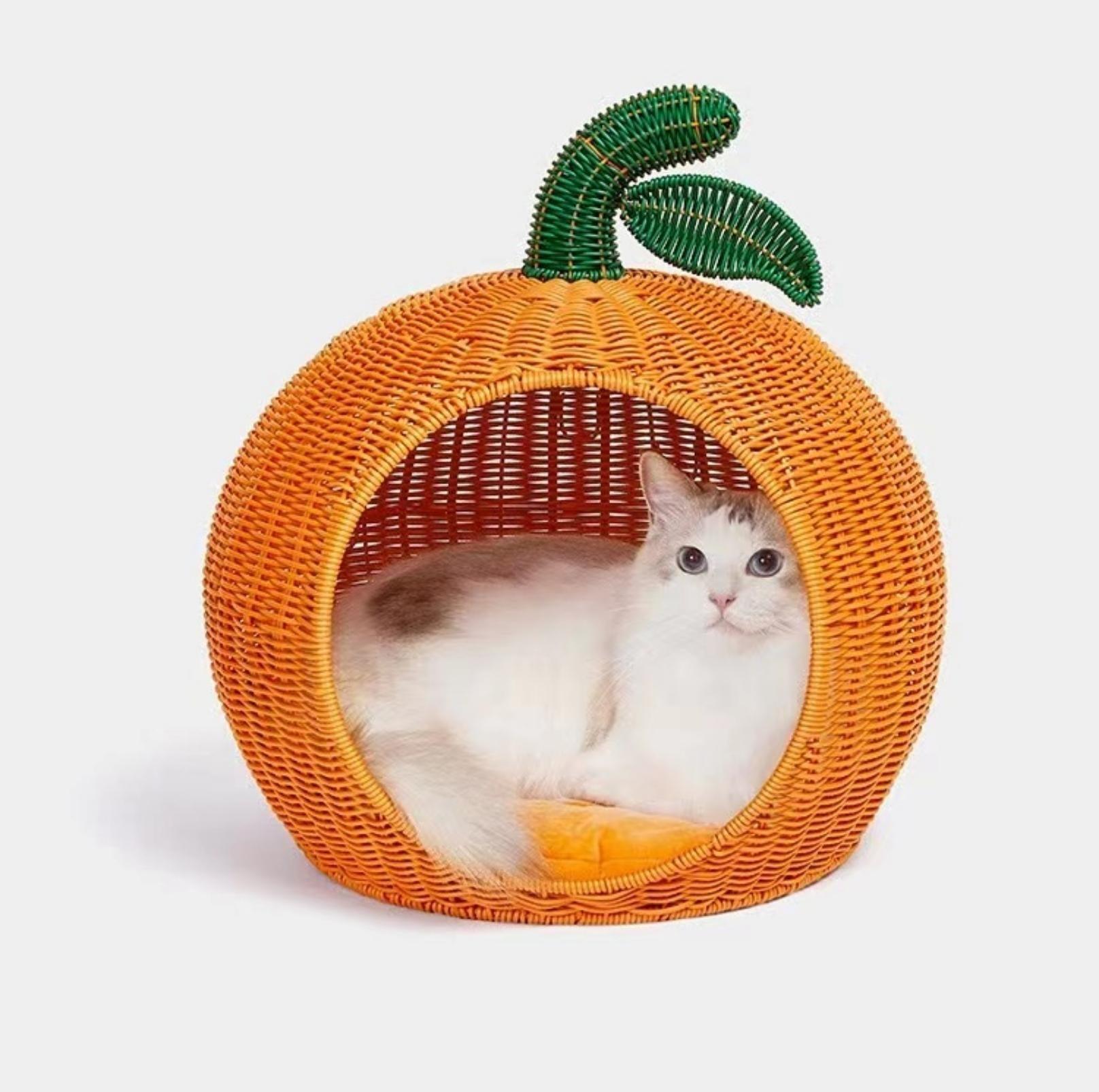 Vetreska "Fortune Orange" Rattan Cat Bed With Removable Thick Pad For All Seasons - {{product.type}} - PawPawUp